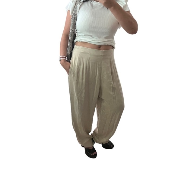DANA Buchman Khaki Pleated Silk Palazzo Trousers - Picture 5 of 16